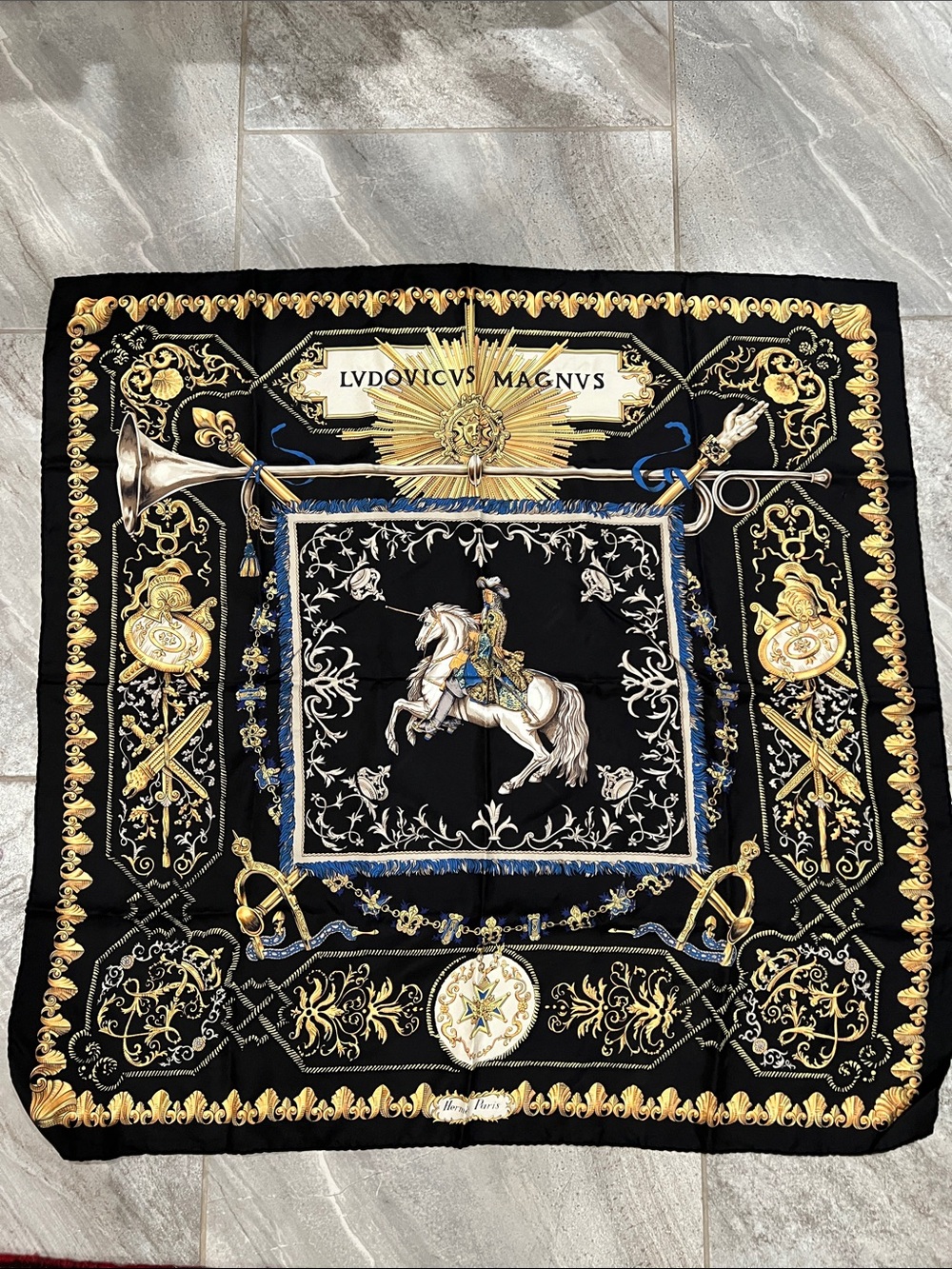 Hermes Black Silk Scarf with Gold and Blue Equestrian Medallion